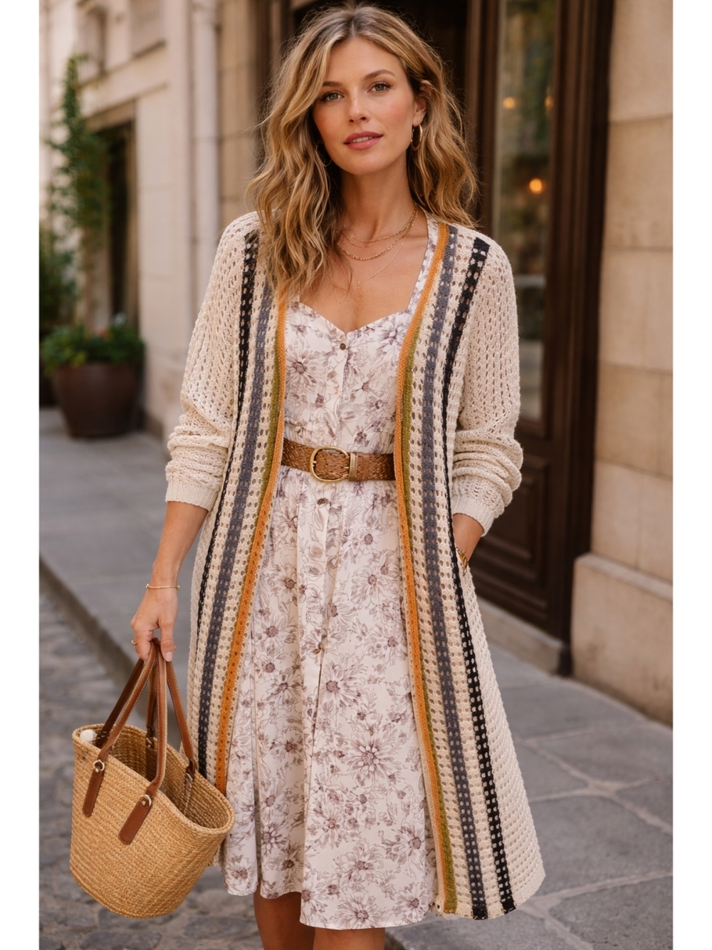 Crochet Duster Cardigan with Striped Accents - Picture 1 of 11